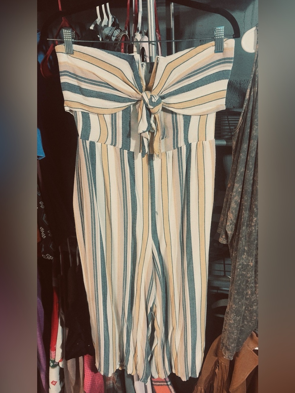 Striped Tie-Front Strapless Jumpsuit in Cream and Teal